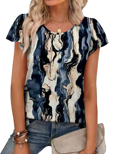 OFEEFAN Women Business Casual Blouse Ruffle Sleeve Dressy Work Top Short Sleeve Shirt Office Outfit Summer Spring Professional Teachers Attire Trendy Blue Tie-Dye L