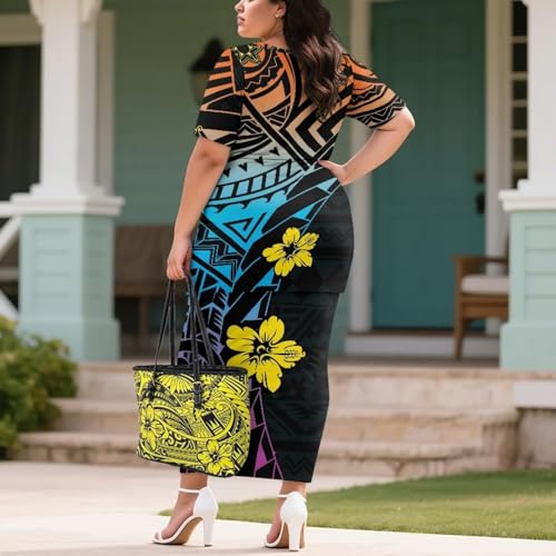 Image of Puletasi Samoan Traditional 2 Piece Outfits for Women Short Sleeve Crop Top and Maxi Skirt Sets Puletasi Dress