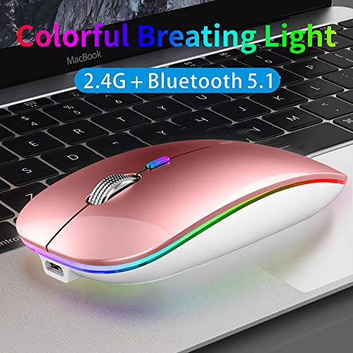 Coener M12 Mouse Senza Fili Bluetooth, Bluetooth 5.1 + 2.4G Wireless Ricaricabile Mouse Senza Fili Ottico Piccolo Portatile con Mouse USB per per Notebook, PC, Laptop, Computer, MacBook (Oro Rosa)