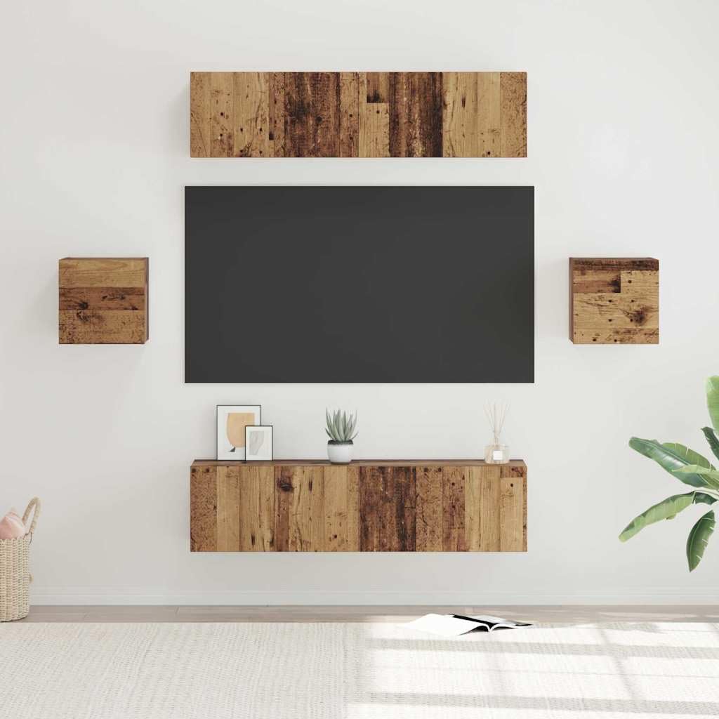 TV-Schrankset Wandmontiert 6-teilig, Altholz Holzwerkstoff, Modernes Media-Center für Wohnzimmer, Robuste TV-Konsole mit Türen und Regalen