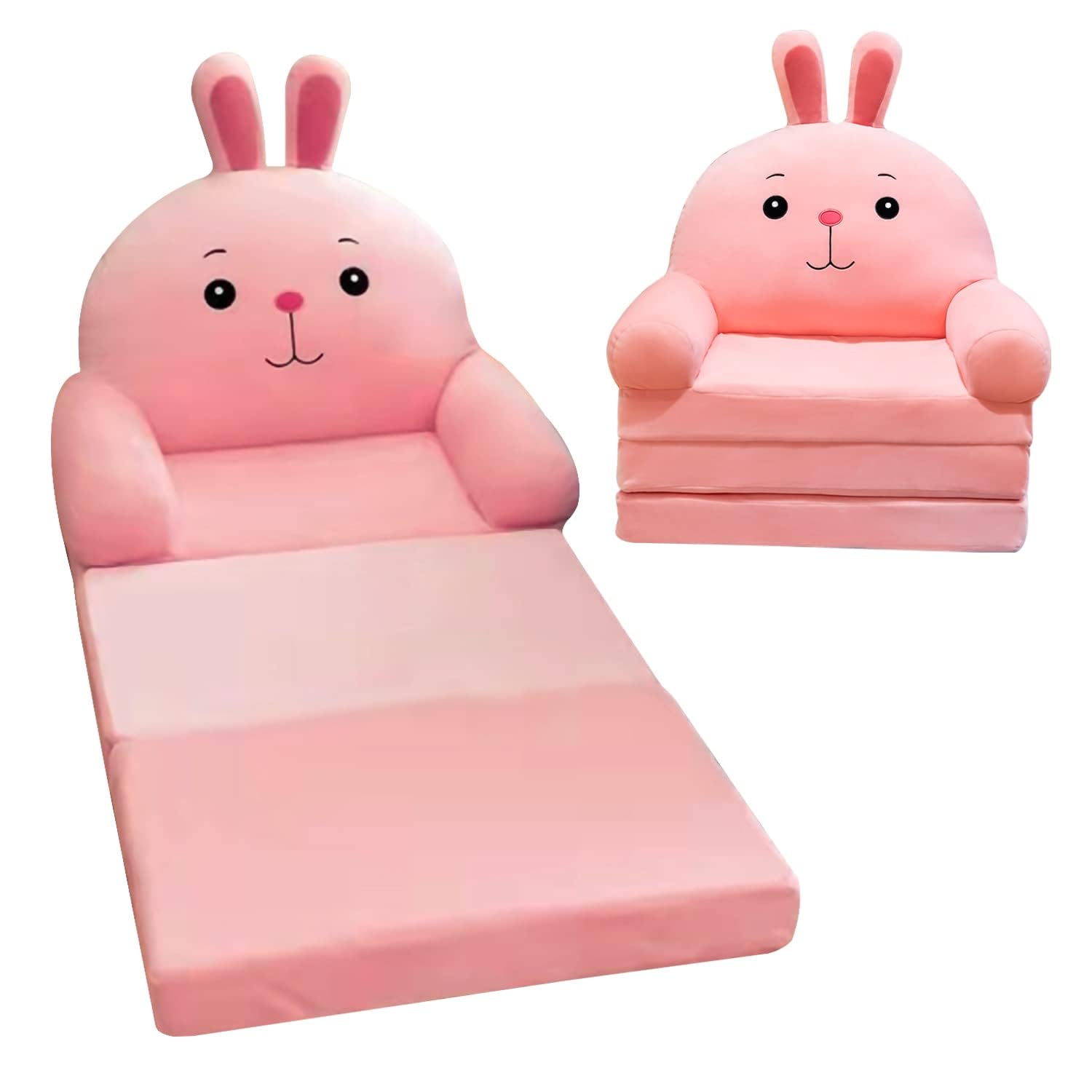 Hcosmy 2 in 1 Kids Toddler Couch Fold Out, Plush Kids Chair for Girls and boys Toddlers Sofa Personalized Baby Couch Flip Open Mini Couch Baby Sofa Bed Chair for Toddlers 0-3 (Pink rabbit)