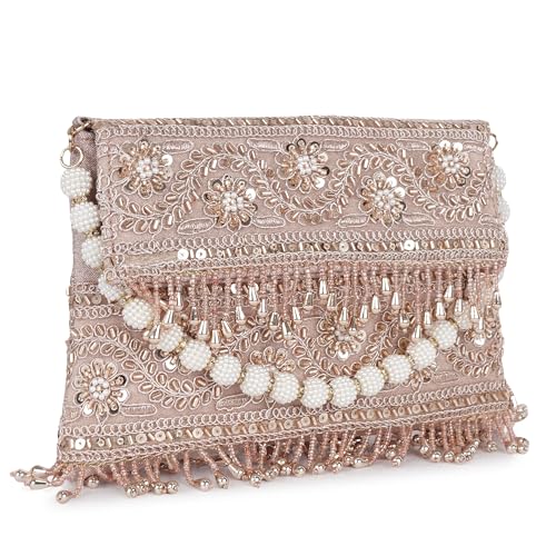 Image of Nevis PU Silk Fabric Women's Embellished bride Clutch with Pearl Handle | Fancy Designe & Wedding Potli Bag for Festive & Evening