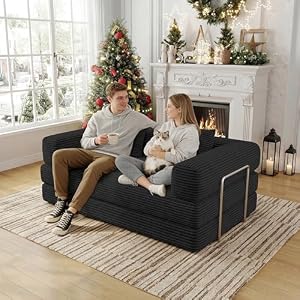 59 Inch Convertible Sofas Bed, 5-in-1 Futon Sofa Pull Out Sleeper Couch, Boneless Couches for Living Room, Corduroy Floor Compression Loveseat for Bedroom, Apartment, No Assembly, Black, 2 Seat — photo 4 of 6