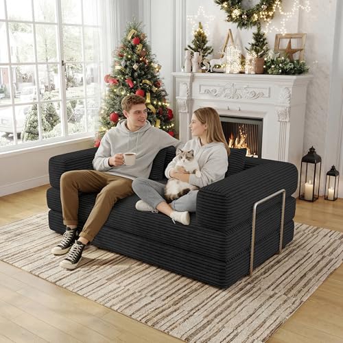 59 Inch Convertible Sofa Bed, 4-in-1 Futon Sofa Bed Pull Out Sleeper Couch, Boneless Couches Bed for Living Room, Corduroy Boneless Couches for Bedroom, Apartment, No Assembly(Black, 59” 2 Seat) — view 4