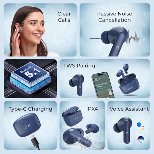 Image of pTron Basspods P81 in-Ear Wireless Earbuds, Pristine Sound, 32Hrs Playtime, Clear Calls TWS Earbuds, Bluetooth V5.1 Headphone, Type-C Fast Charging, Voice Assist & IPX4 Water Resistant (Blue)