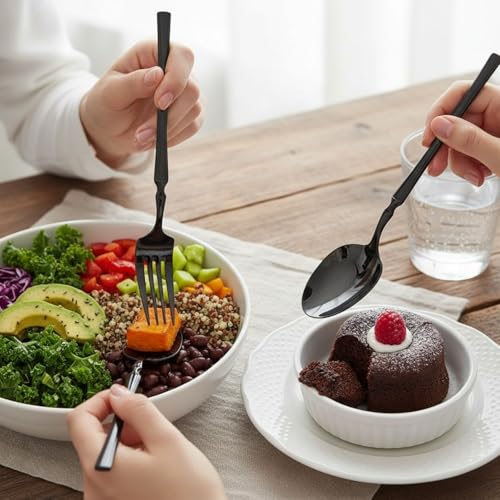 Image of 4 Pcs Black Slim Handle Stainless Steel Cutlery Set for Dining Table with Spoon and Fork Set & Butterknife - The Perfect Tableware /Flatware