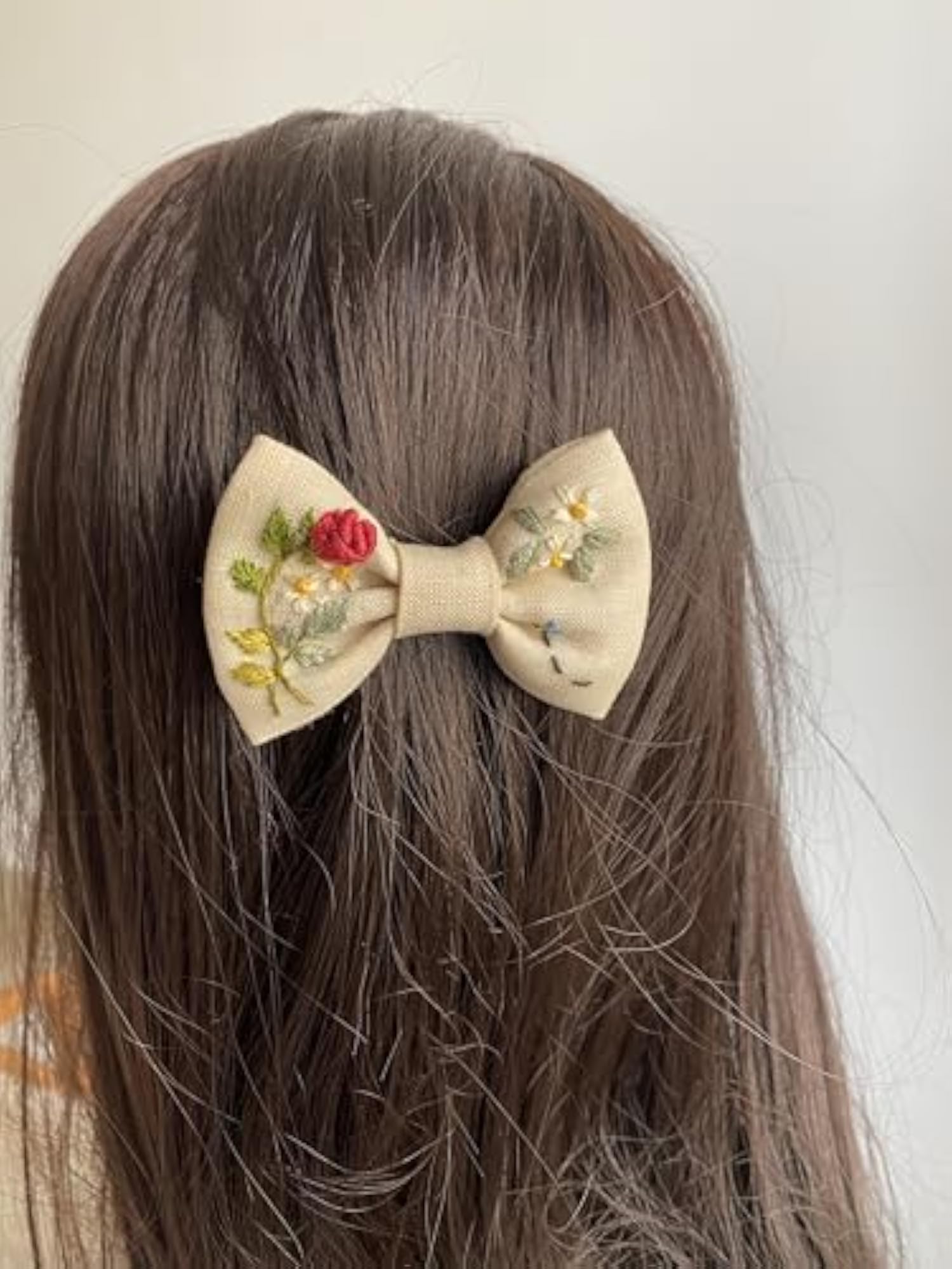 Handmade Bow Clip with Flowers on Linen Fabric, Hair Accessory