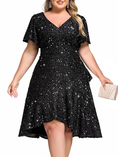 Ever-Pretty Plus Women's V Neck Short Sleeves A-line High Low Sequin Plus Size Cocktail Dresses