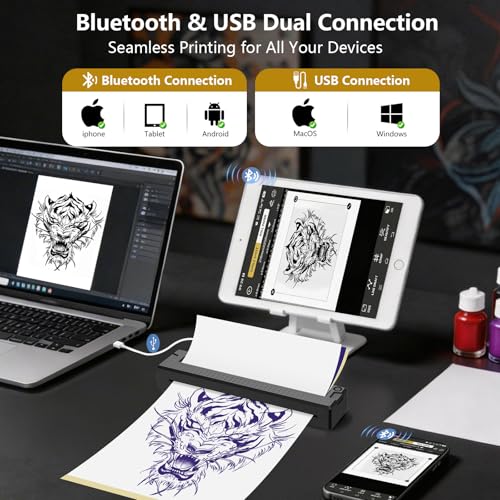 Image of Bagana Tattoo Stencil Printer, 2-in-1 Wireless Bluetooth Thermal Printer for Tattoo Stencils & Documents, Portable Temporary Tattoo Transfer Machine Kit for Tattoo Artist & Beginner, Black
