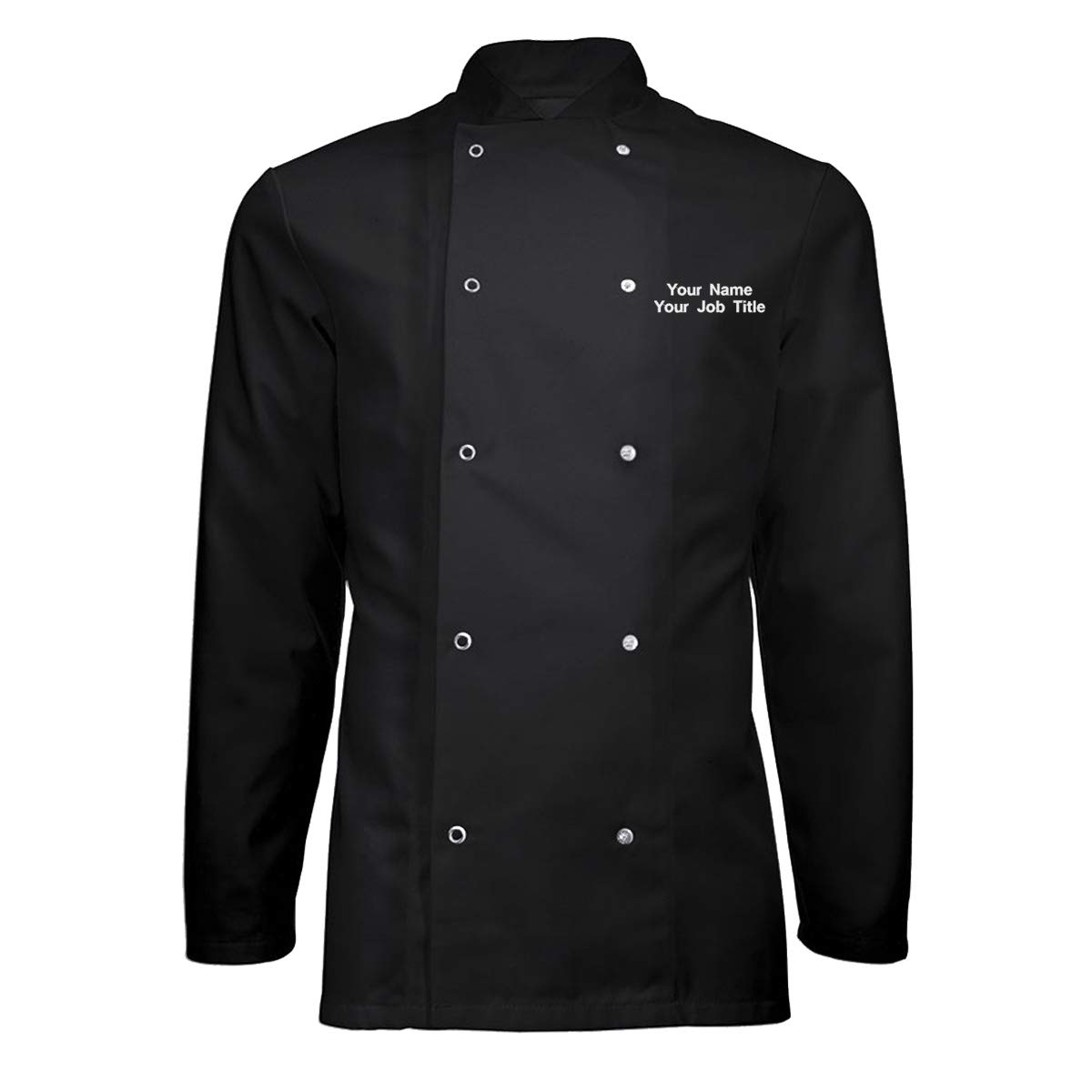 Workwear World Personalised Essential Value Unisex Long Sleeve Stud Fastening Chef Jacket with Custom Embroidered Name (XXL, Black)