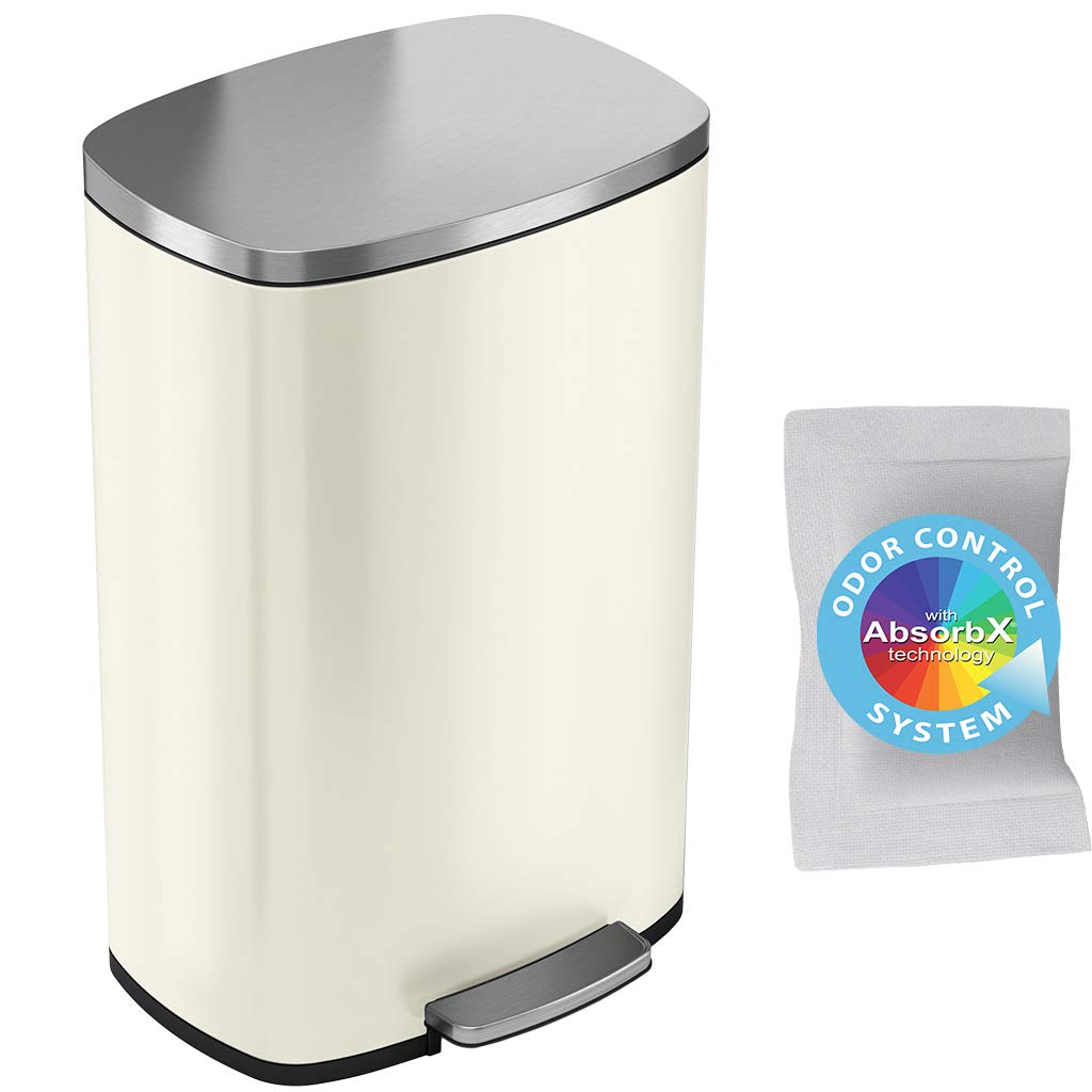 iTouchless SoftStep 13.2 Gallon Stainless Steel Step Pedal Garbage Can with with Odor Control System, 50 Liter Trash Bin for Kitchen, Office, Home - Silent and Gentle Open and Close, Ivory White