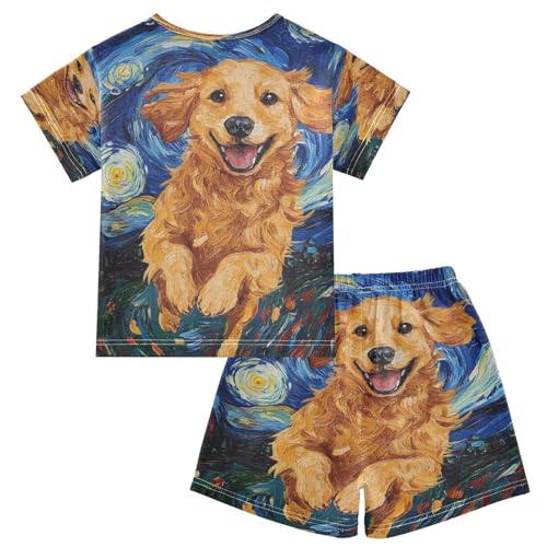 ALAZA Golden Retriever Dog Van Gogh Pajamas Set Short Sleeve Cotton Sleepwear Summer Pjs 2 Piece 5-14Y2