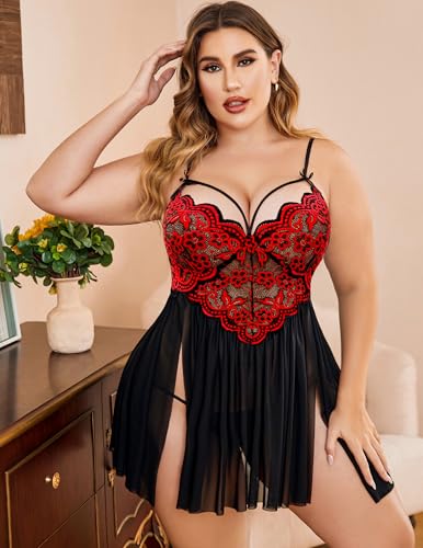 Image of Avidlove Plus Size Lingerie Lace Babydoll Womens Strap Chemise Nightgown V Neck Nighty Mesh Sleepwear Side Slit Nightdress