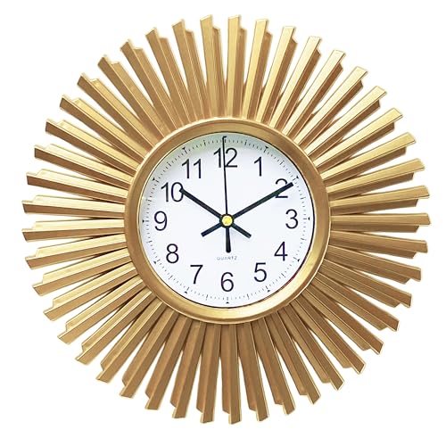 SENYURI Small Gold Starburst Wall Clock Battery Operated Round Mid Century Modern Wall Clock for Living Room Bedroom Kitchen Home Office Decor-10 Inch