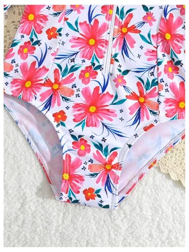 SHENHE Girl's Floral One Piece Swimsuit Long Sleeve Rash Guard Zip Up Cute Bathing Suit Swimwear Watermelon Pink 6Y4