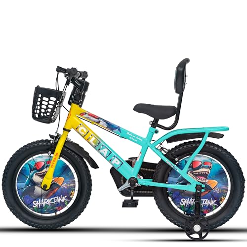 Image of Shark Tank 16T Kids Bicycle for Boys & Girls with Inbuilt Carrier, Front Basket, PU Soft Seat, Full Chain Cover & Stylish Wheelcards (Yellow /Sea Blue)