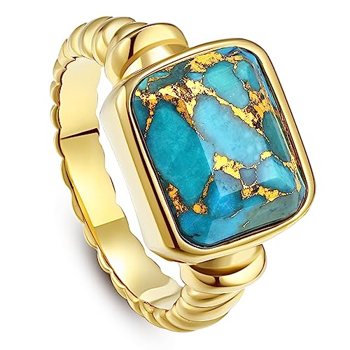 Women's 14K Gold Plated Statement Rings Emerald Cut Teal Turquoise/Rose Quartz Crystal/Spiny Oyster Turquoise Signet Ring Stainless Steel Chunky Gold Rings Size 5-10