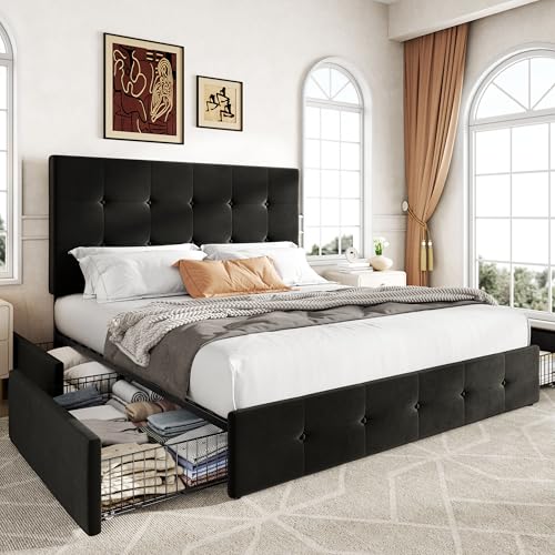 Image of Allewie Upholstered Full Size Platform Bed Frame with 4 Storage Drawers and Adjustable Headboard, Square Button Tufted, Wooden Slats Support, Noise-Free, No Box Spring Needed, Easy Assembly, Black
