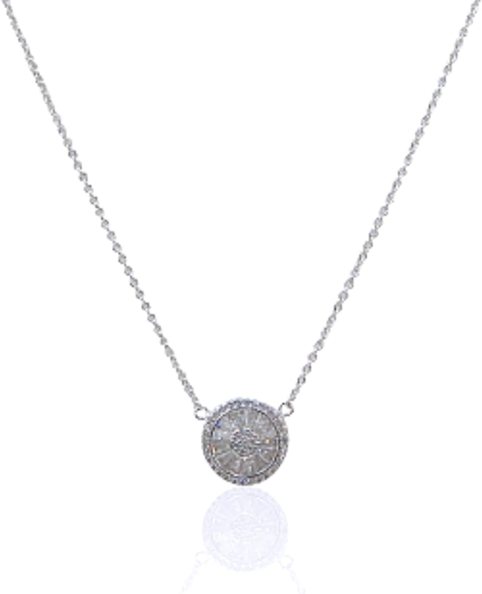.925 Sterling Silver .5" Baguette and Pave Disc Necklace Pendant Charm Cubic Zirconia 16 inch + 2 inch Extender Chain Or Matching .4" Earrings Each Item Sold Separately -Gift Boxed