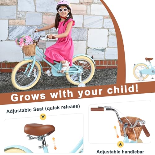 Image of Glerc Little Molly 12-20 Inch Kids Retro Cruiser Bike for 2-13 Year Old with Wicker Basket & Training Wheels /Kickstand, Multiple Colors