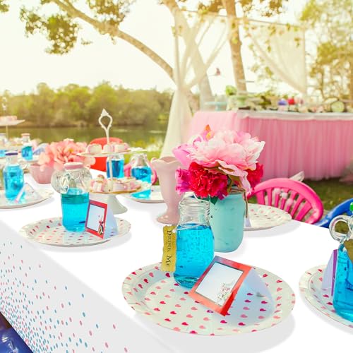 Image of 6Pack White and Pink Blue Plastic Tablecloth, White Disposable Table Cloth for Rectangle Tables, Pink Blue Stamping Dot White Tablecloth for Gender Reveal Baby Shower Birthday Party Supplies, 54 inchx108 inch