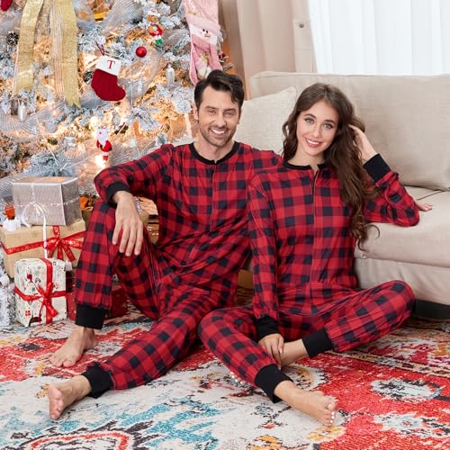 Family Onesie Pajamas Matching Sets- Adult&Kids Zip Up Long Sleeve Red Plaid One Piece Pajamas | Matching Christmas4