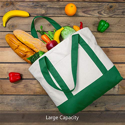 Image of TOPDesign 30-Pack Canvas Tote Bags with an External Pocket, Reusable Grocery Shopping Bags, Top Zipper Closure, Daily Essentials (Green /Natural)