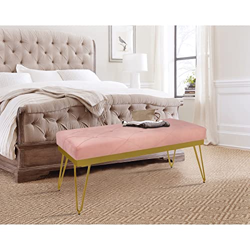 Leejay 44" Pink Velvet Upholstered Kitchen Dining Room Bench With Golden Leg - Entryway Accent Furniture - Extra Sturdy - 44.88L X 17.71W X19.68H Inch #TOP1