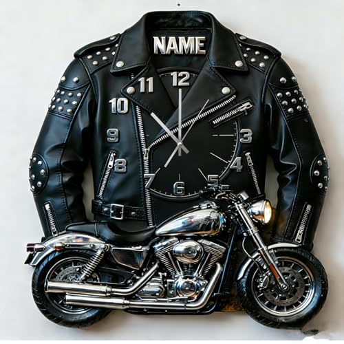 Horloge Thématique Veste en Cuir de Moto Personnalisée Nom Personnalisé Horloge Murale de Moto, Art Mural de Veste en Cuir de Moto Impression 2D pour...