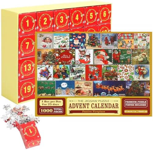 Advent Calendar 2023 Christmas Gift, 25 Boxes 1000+ Pieces Holiday Jigsaw Puzzles for Kid Adult, 25 Days Surprise Christmas Countdown Calendars Home Fireplace Decoration
