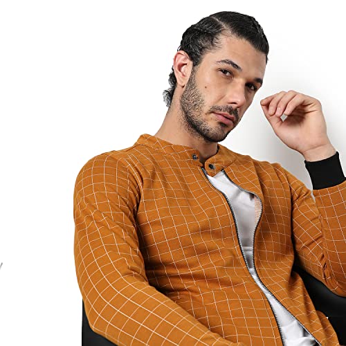 Image of Campus Sutra Men's Rust Orange Checked Textured Regular Fit Cotton Jacket For Winter Wear | Round Neck Collar | Full Sleeve | Zipper | Casual Jacket For Man | Western Stylish Jacket For Men