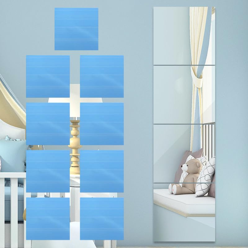 9Pcs Self Adhesive Acrylic Mirror Flexible Mirror Sheets Frameless Mirror Wall Stickers for Bathroom Living Room or Bedroom