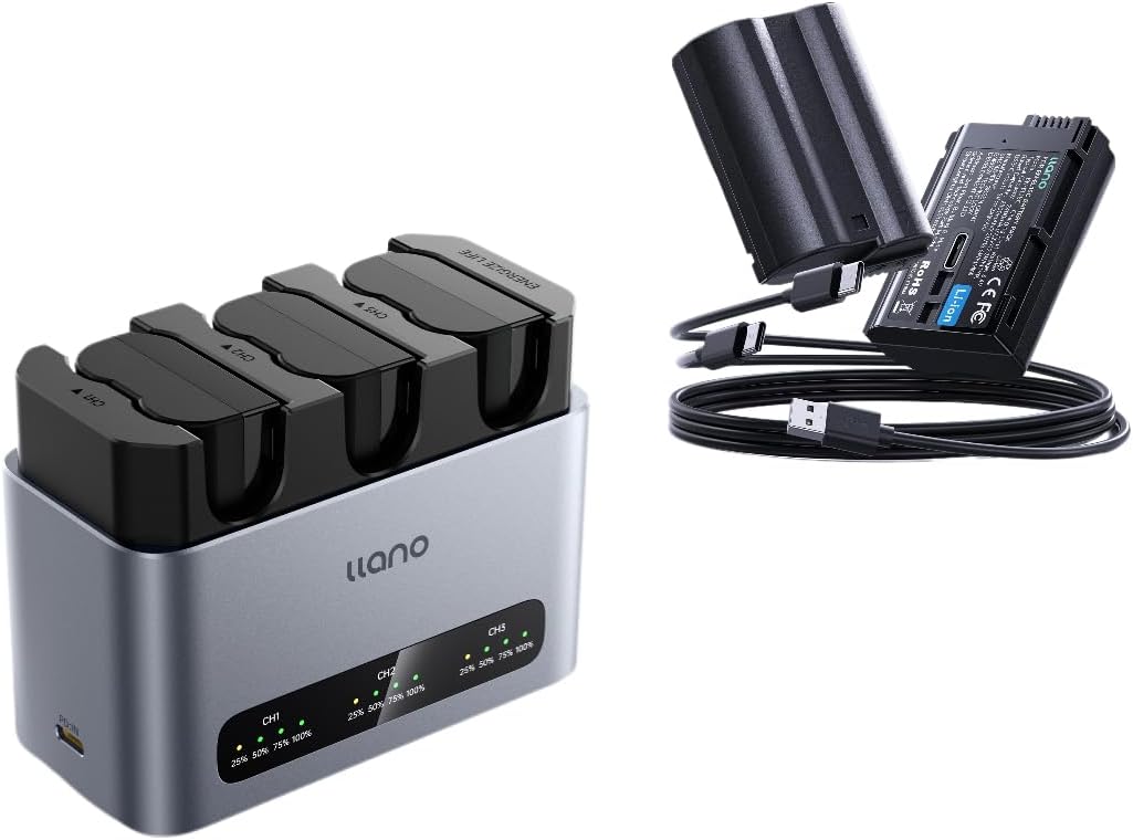 llano EN-EL15C Camera Battery & Charger Bundle – 30W Triple-Slot Fast Charger with 5×2400mAh Batteries (2 with USB-C Direct Charging), Compatible with Nikon Z8, Z7II, Z5II, ZF, Z6III, D850 and More
