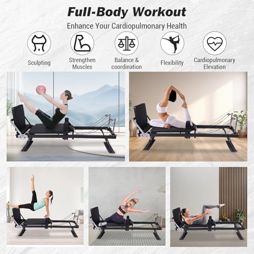 Foldable Reformer Pilates Machine, Compact Pilates Reformer Core Bed Equipment with Jump Board & 2 Sets Resistance Cords for Home Gym Workout Women Yoga for Advanced and Beginners Users - Black - Image 2