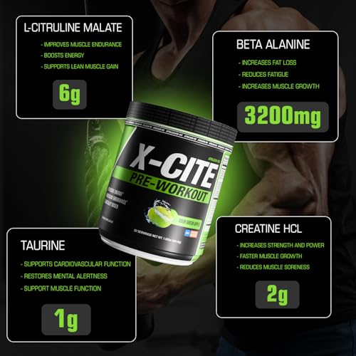 Image of X-CITE Pre-Workout by ATHLEAN-X - Enhanced Formula with Beta-Alanine, Creatine & Caffeine for Ultimate Energy, Endurance, Focus & Muscle Pump, NSF Certified for Sports (Sour Green Apple)