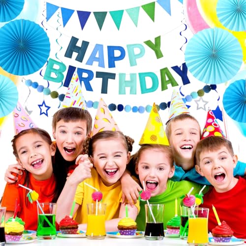 Image of CANREVEL 17 PCS Pre-Strung 3D Blue Happy Birthday Banner, Blue Streamers | Colorful Reusable Birthday Decorations for Women Men Girls Boys, Felt Happy Birthday Sign, Pom Pom Garland, Triangle Bunting