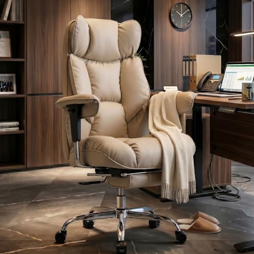 Image of Efomao Executive Office Chair 400lbs,Beige Big and Tall Desk Chair | Mattress-grade pocket spring cushion, sleek leather, 135 recline & footrest for computer gaming setup.
