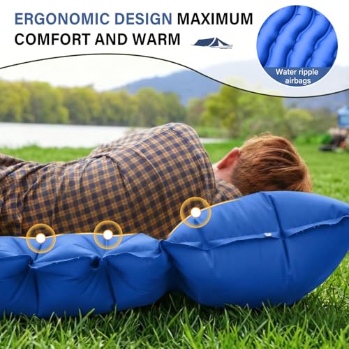 Image of FUN PAC Camping Sleeping Pad with Pillow Built-in Foot Pump Inflatable Sleeping Mat Compact for Camping Backpacking Hiking Traveling - Blue