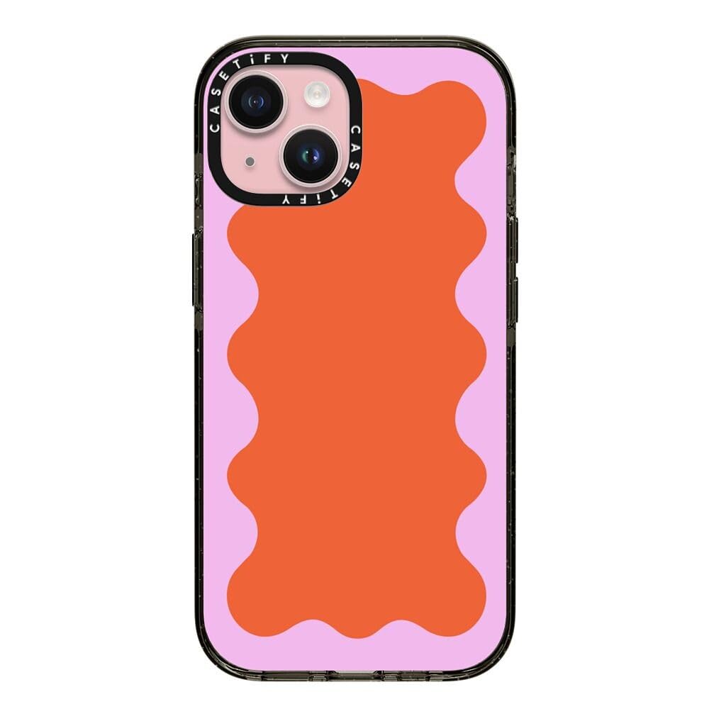 CASETiFY Impact Case for iPhone 15 [Slim / 8.2 ft. 4X Military Grade Drop Protection/Wireless Charging Compatible] - Pink Wavy Border on Orange -