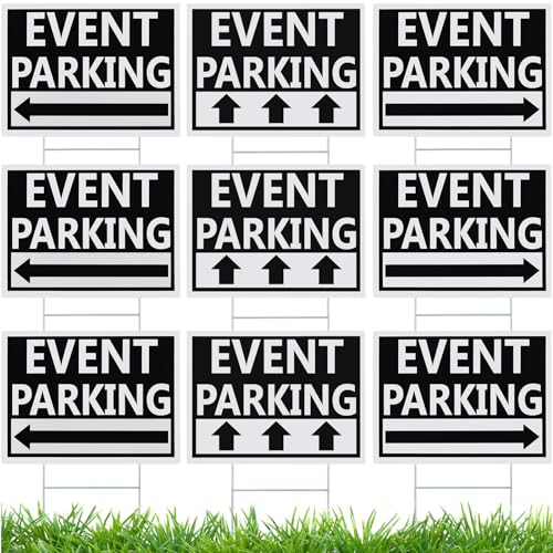 Juexica 9 Pieces 16 x 12 Inches Outdoor Event Parking Signs with Arrow Corrugated Plastic Yard Double Sided Event Signs Outdoor Directional Guest Parking(Black)