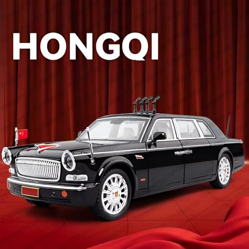 Image of 1:24 Scale Black Hongqi Limousine Diecast Model Car - Alloy Body, Opening Doors, Light & Sound, Pull Back Toy with Built-in Engine & Realistic Interior for Kids and Collectors