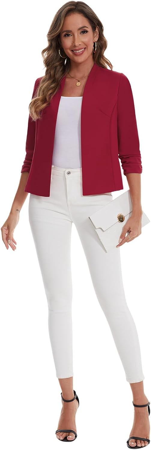 Women's Blazer Jackets Open Front 3/4 Ruched Sleeve Collarless Cardigan Blazers - Image 6