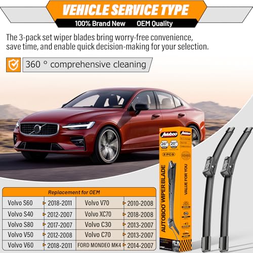 Image of OEM Windshield Wiper Blade Replacement for Volvo S40 V50 | Fits Volvo C30 /S40 /V50 /V60 /S80 /C70 /V70 /XC70, Ford Mondeo MK4, 26 inch+20 inch, 2-pack, OE style, without heating function