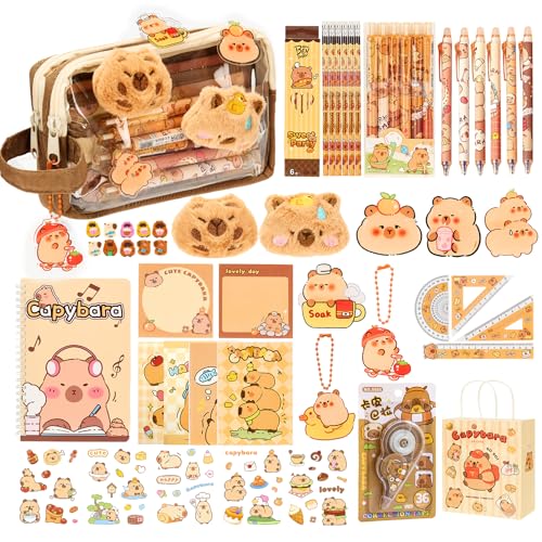Iyxeo 51pcs Capybara Stationery Set Capybara Pencil Case with Eraser Ballpoint Pens Sticker Brooch and More Cute School Stuff Gifts for Boys Girls Kids Students School Office Home