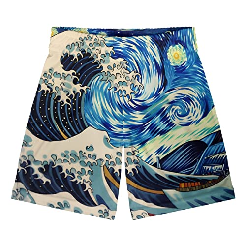 Mens The Great Wave of Kanagawa Print Sport Shorts Elastic Waist Summer Board Shorts