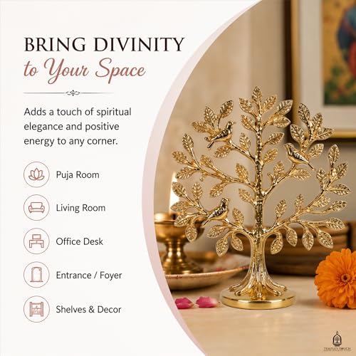 Image of TEMPLE'S TOUCH 100% Pure Brass Kalpavriksha Tree with Birds | House Warming Gifts | Brass Decoration Items for Home | (6 Inch) Tree of Life Showpiece with Vastu Guide for Home, Office & Puja Decor