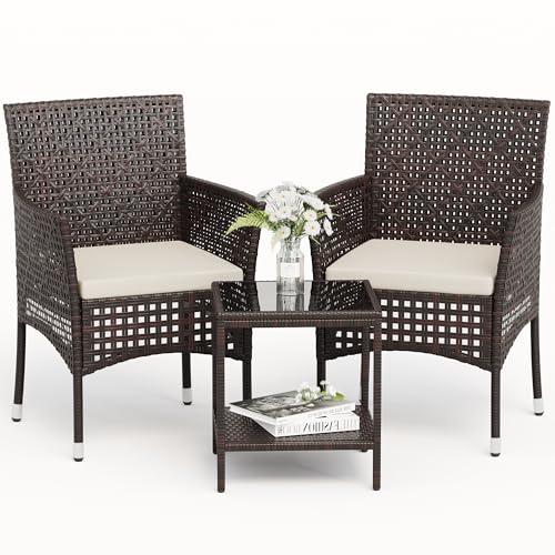 Devoko Patio Furniture Set 3 Pieces Outdoor Wicker Chairs Set of 2 with Coffee Table for Outside Porch Balcony (Brown)