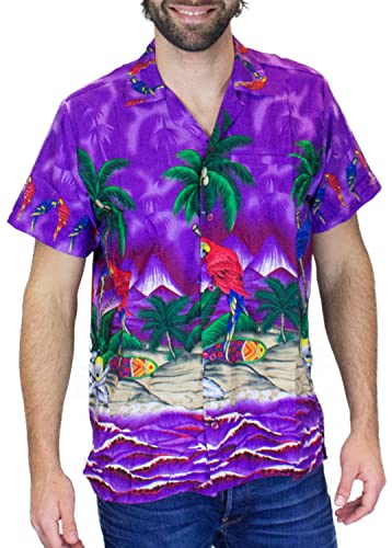 V.H.O. Funky Hawaiian-Shirt Men Regular-Fit Short-Sleeve Aloha Summer Shirt Parrot Beach Palms