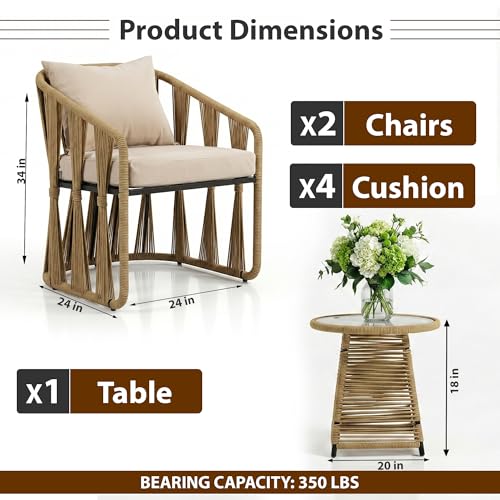 Image of BRISHI 3 Piece Outdoor Patio Furniture Set | Two Seater Woven Rope Patio Chairs with Cushions & Glass Table | All Weather Garden Balcony Conversation Set for Porch, Lawn, Poolside, Backyard (Yellow)