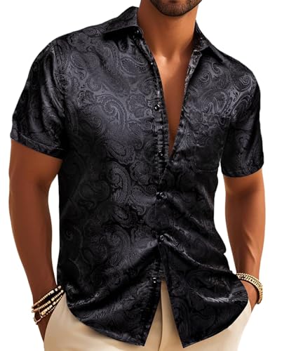 Barry.Wang Men's Silk Shirts Short Sleeve Western Designer Button Down Paisley Shirt Casual Beach Summer Party Mexico